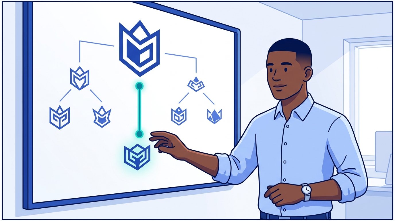 Sam stands in front of a wall display showing a brand-portfolio hierarchy — a large parent-house emblem at top, with the publisher emblem below it connected by a glowing teal line, and other sibling sub-brand emblems branching off the parent