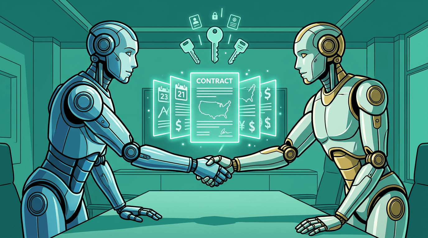 Two robots, a buyer agent and a brand agent, shaking hands over a glowing contract document with terms floating above it — dates, geography, and pricing