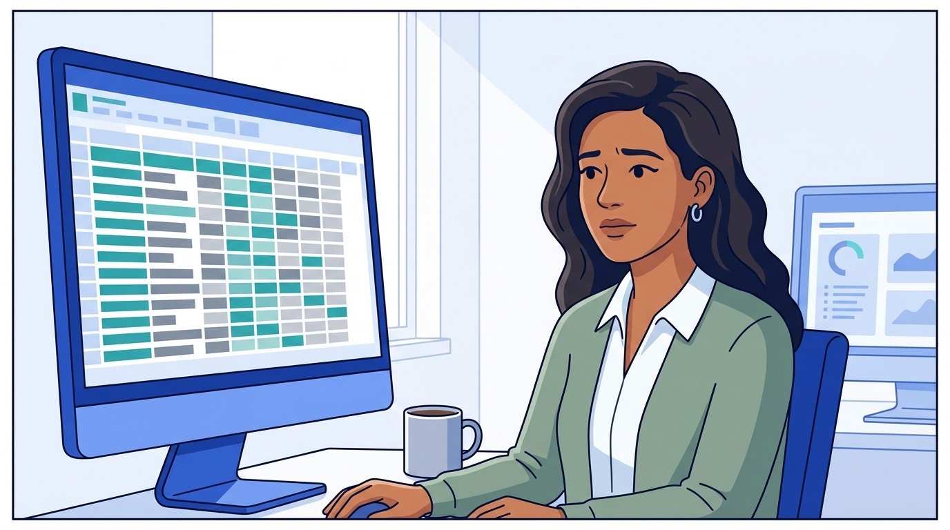 Jordan sits at her desk studying a dense brand safety spreadsheet on her monitor — rows of partner names and excluded programs that need to become machine-readable