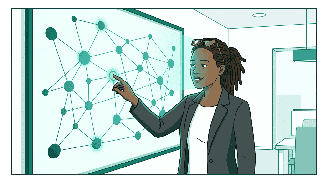 Alex reaches toward a glowing network map on a wall display, about to select a new publisher node from a constellation of connected partners