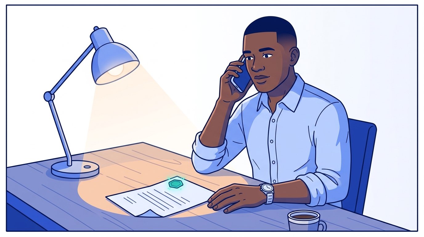 Sam sits at his desk with the sealed document beside him, holding his phone to his ear — the technical chain is complete, and now he's calling a person at the publisher to confirm the human-layer details the protocol cannot attest