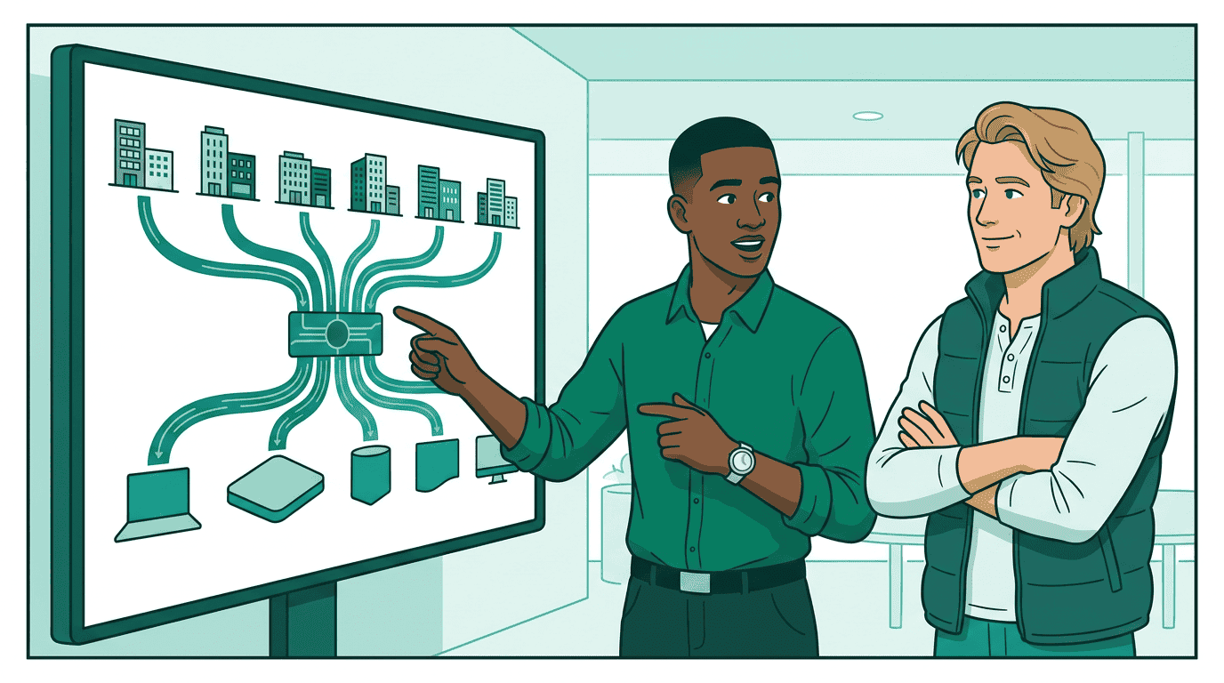 Sam and Kai stand together in front of a large display showing the signals marketplace — data providers flowing through a hub to buyers, collaborating across the ecosystem