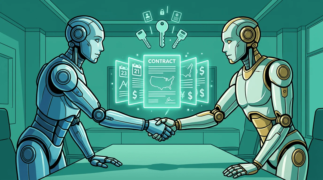 Two robots, a buyer agent and a brand agent, shaking hands over a glowing contract document with terms floating above it — dates, geography, and pricing