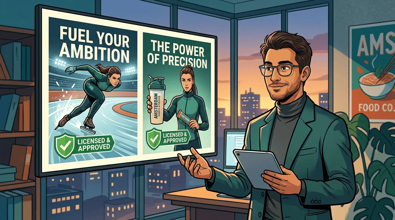 Carlos reviewing AI-generated ads on his screen — a display banner and video still featuring the licensed athlete, with a verification badge and shield icon