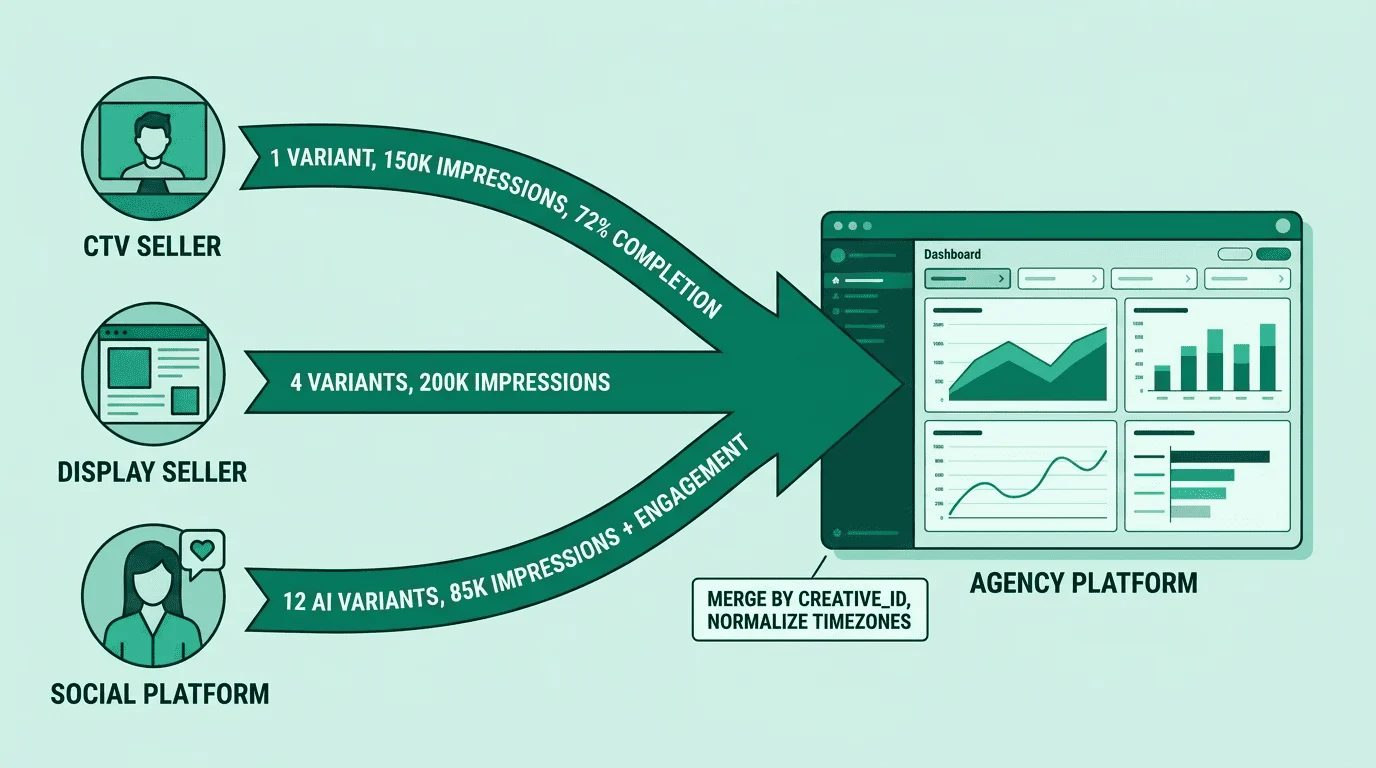 Three sellers report delivery data back to agency platform: CTV seller shows 1 variant with 150K impressions, Display seller shows 4 variants with 200K impressions, Social platform shows 12 AI-generated variants with 85K impressions plus engagement metrics