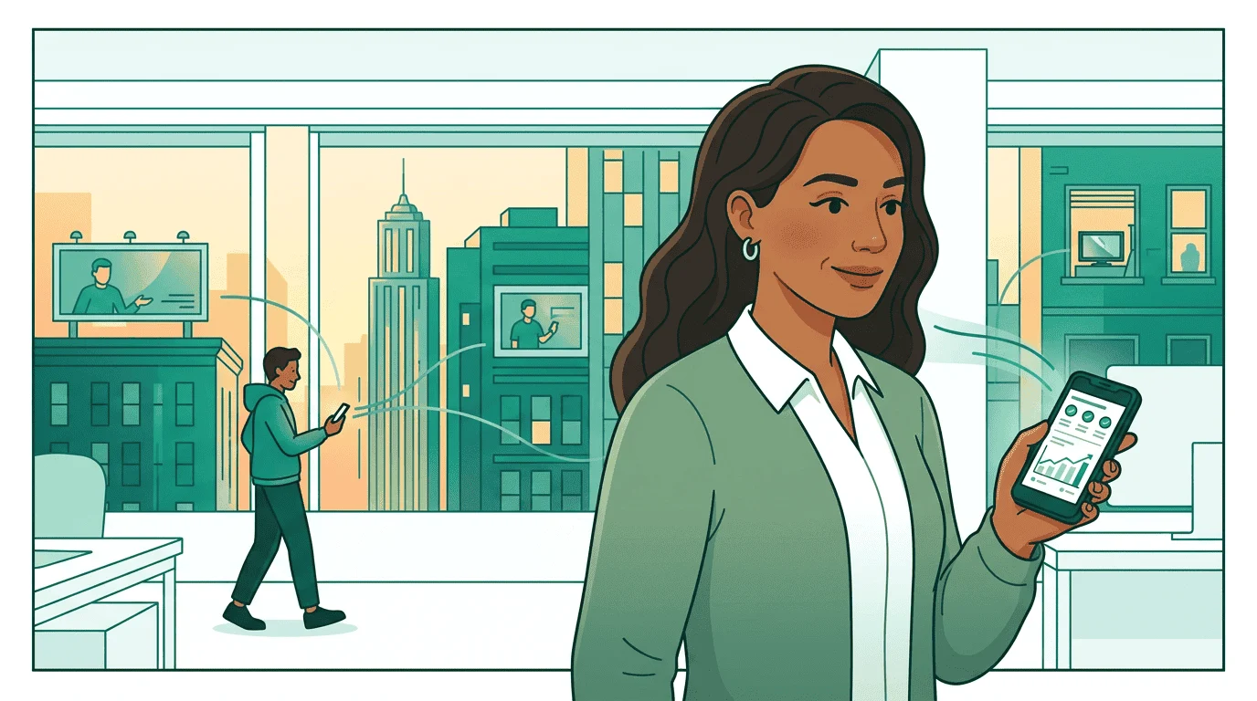 A cityscape with ads running on billboards, phone screens, and TV displays — above it all, the governance robot monitors from a watchtower, scanning the scene with a teal beam as metrics stream upward