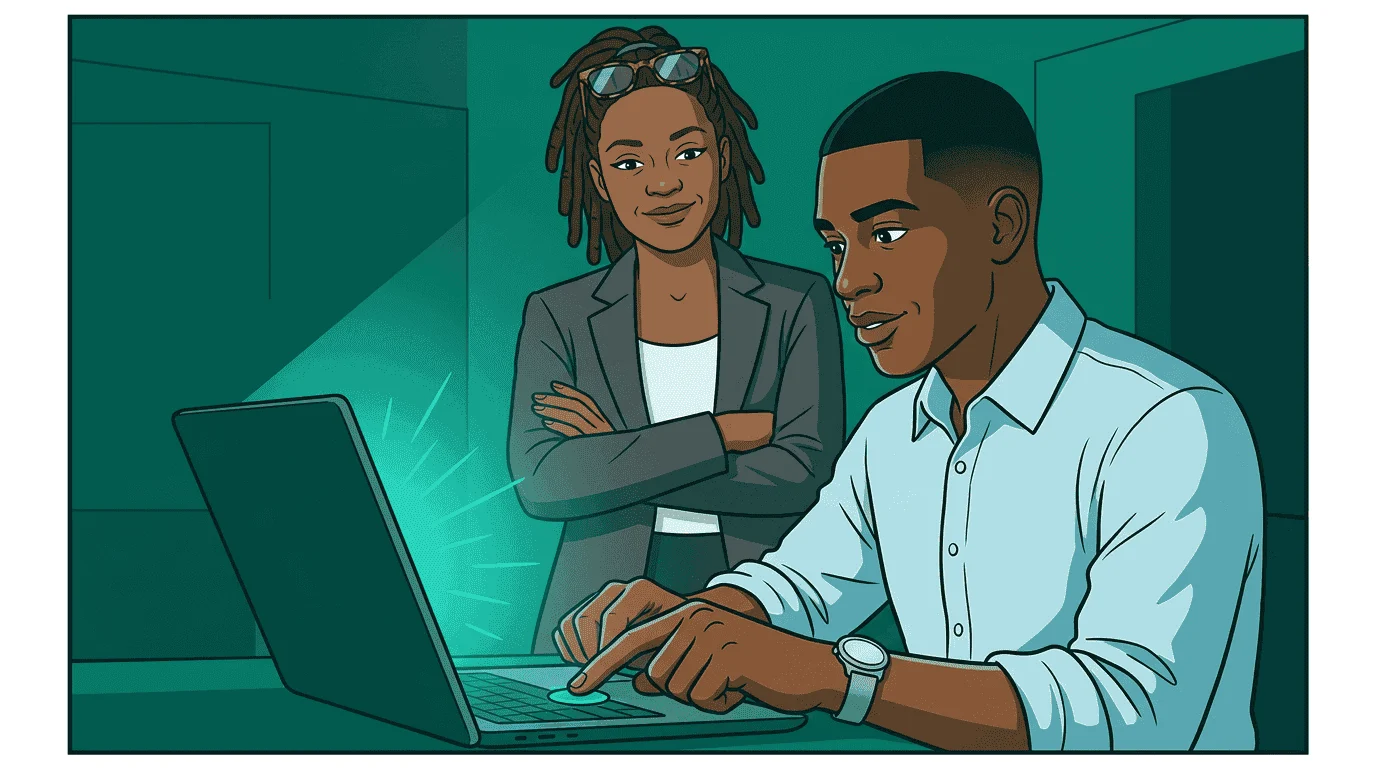 Sam presses a launch button on his laptop with a teal pulse radiating from the screen, Alex standing behind him arms crossed with a satisfied smile