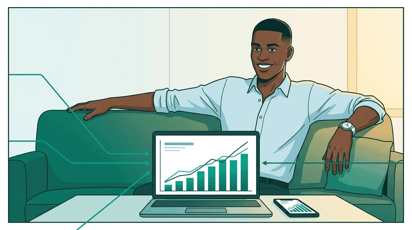 Sam leans back at his desk, relaxed, with a single clean dashboard showing unified performance charts from all three sellers — bar charts rising, line graphs converging, all in teal