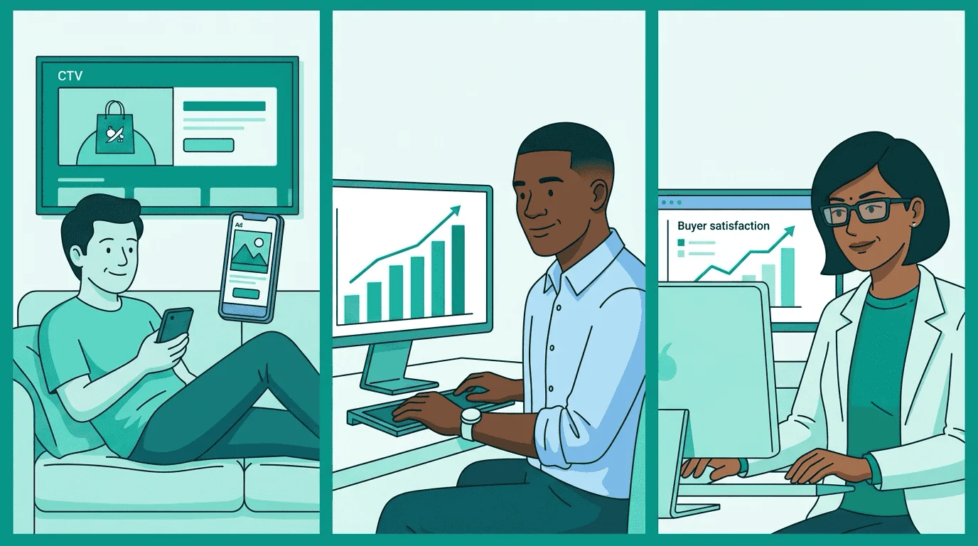 Three panels: a viewer relaxing with varied ads across devices, Sam's dashboard showing increased unique reach, Priya seeing rising buyer satisfaction metrics