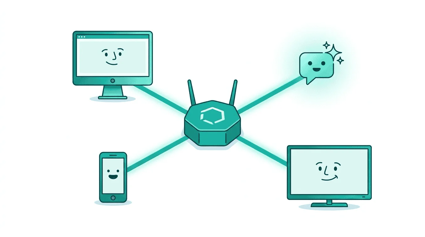 The TMP Router hub from the frequency capping walkthrough now has a fourth connection — an AI assistant chat bubble icon joining web, mobile, and CTV