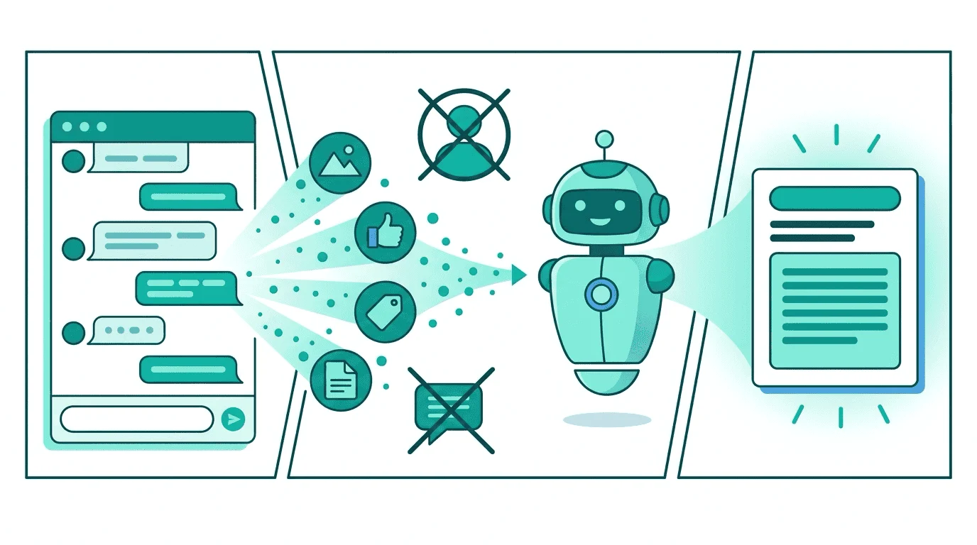 A chat conversation about trail shoes sends classified context signals — topics, sentiment, keywords — to buyer agents, with a crossed-out person icon showing no user identity
