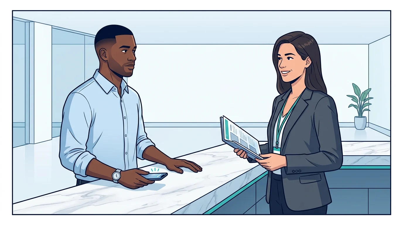 Sam stands at a wide marble counter facing a confident agent in a sharp blazer holding a clipboard of glossy ad placements — but the counter behind the agent is empty, with no logo, no signage, and no one else in sight