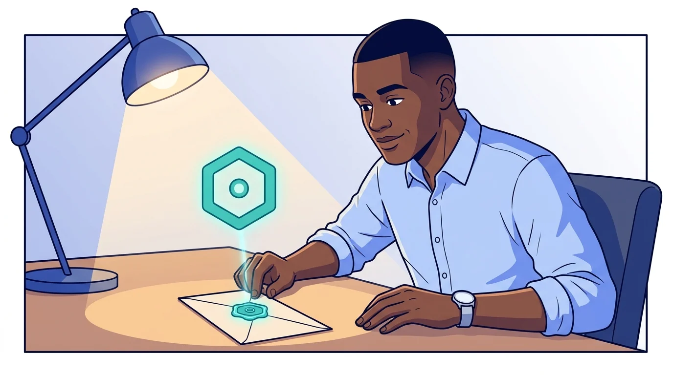 Sam holds a paper response up to a lamp — a wax seal in the corner glows under the light, revealing a cryptographic pattern that matches a key card he pulls from a folder labeled adagents.json