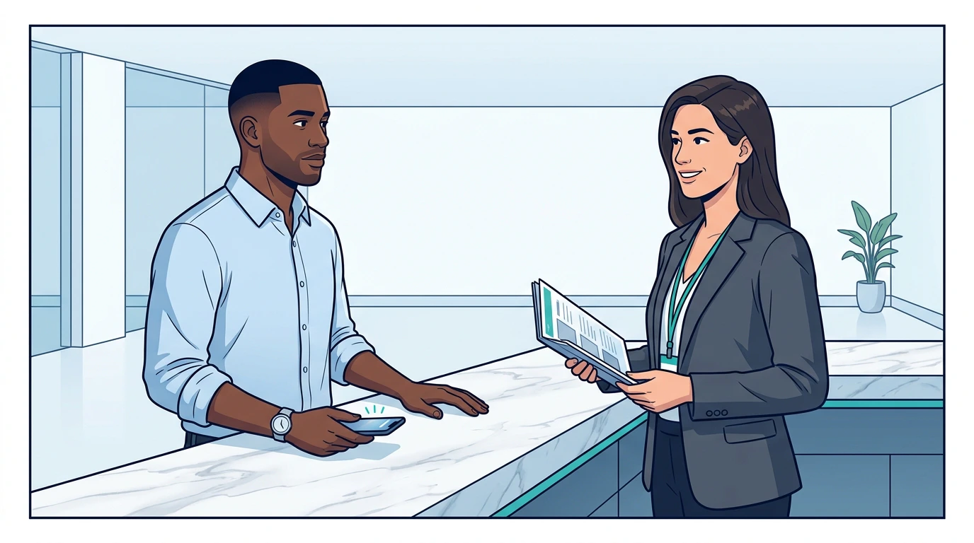 Sam stands at a wide marble counter facing a confident agent in a sharp blazer holding a clipboard of glossy ad placements — but the counter behind the agent is empty, with no logo, no signage, and no one else in sight