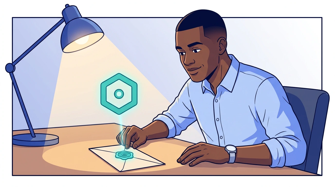 Sam holds a paper response up to a lamp — a wax seal in the corner glows under the light, revealing a cryptographic pattern that matches a key card he pulls from a folder labeled adagents.json