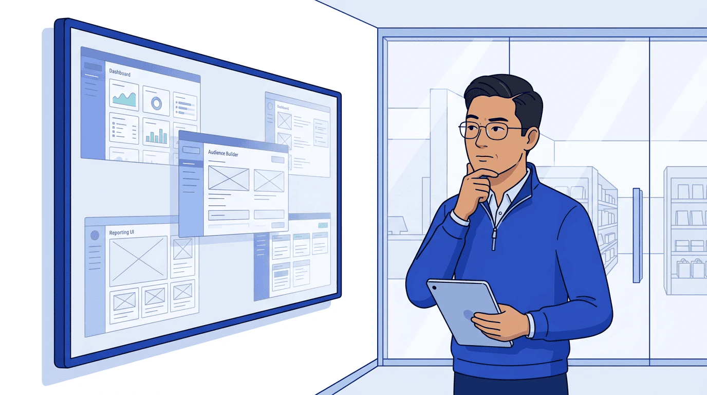 Daniel reviews a cluttered platform roadmap on a wall screen — dashboard mockups, audience builders, and reporting UIs pile up while he looks skeptical