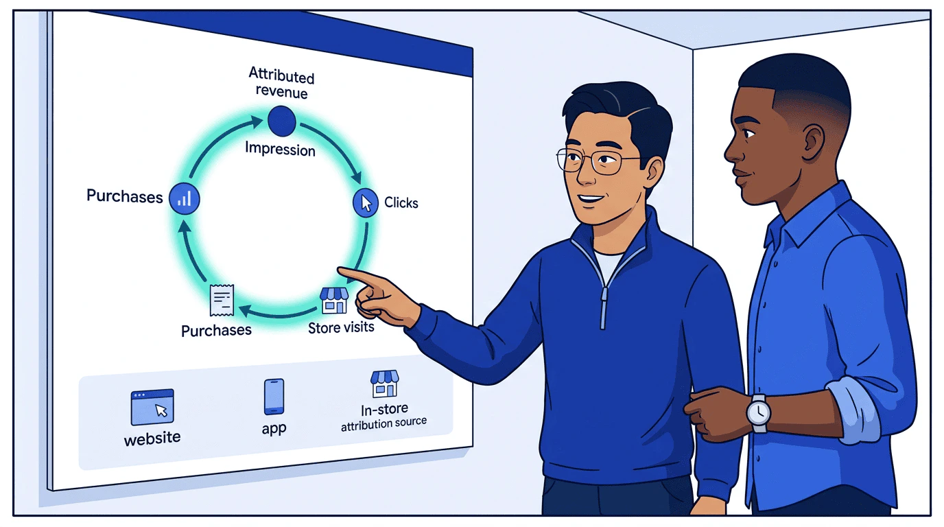 Daniel and Sam view a closed-loop attribution dashboard β impressions flow through clicks, store visits, and purchases in a circular diagram with website, app, and in-store sources