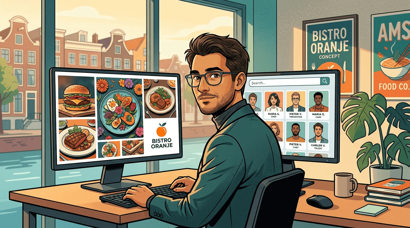 Carlos at his desk reviewing the Bistro Oranje campaign brief, with restaurant brand imagery on one screen and athlete photos on another