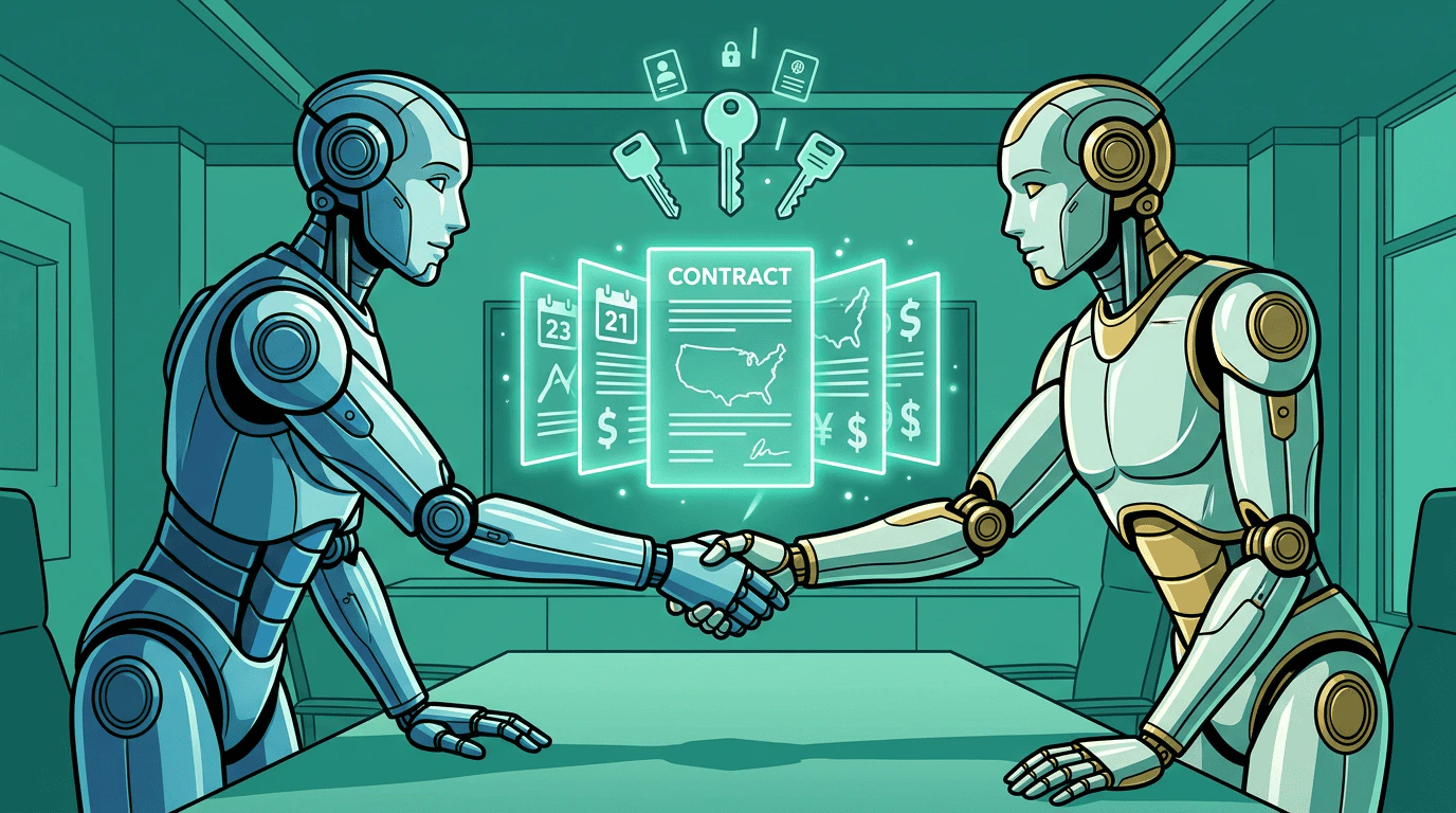 Two robots, a buyer agent and a brand agent, shaking hands over a glowing contract document with terms floating above it — dates, geography, and pricing