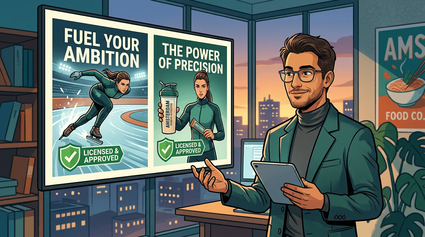 Carlos reviewing AI-generated ads on his screen — a display banner and video still featuring the licensed athlete, with a verification badge and shield icon