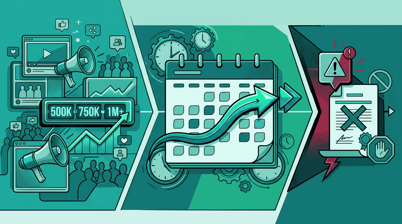 Timeline view showing the full rights lifecycle: an active campaign with an impression counter ticking, a pause and update midstream, and a revocation alert notification appearing on Carlos's screen