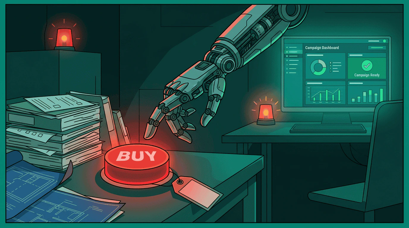 A robot arm reaches for a glowing red BUY button marked $50,000 — no human is present, warning lights blink in the dim room, and unchecked documents pile up nearby