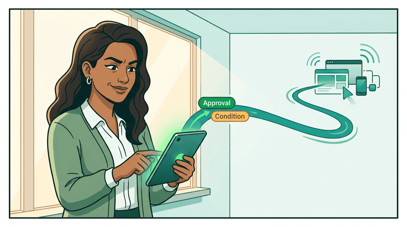 Jordan stamps the campaign plan with a green approval seal and attaches a yellow condition tag reading 'weekly reporting required' — the approved plan flows back through the governance robot to an open ledger