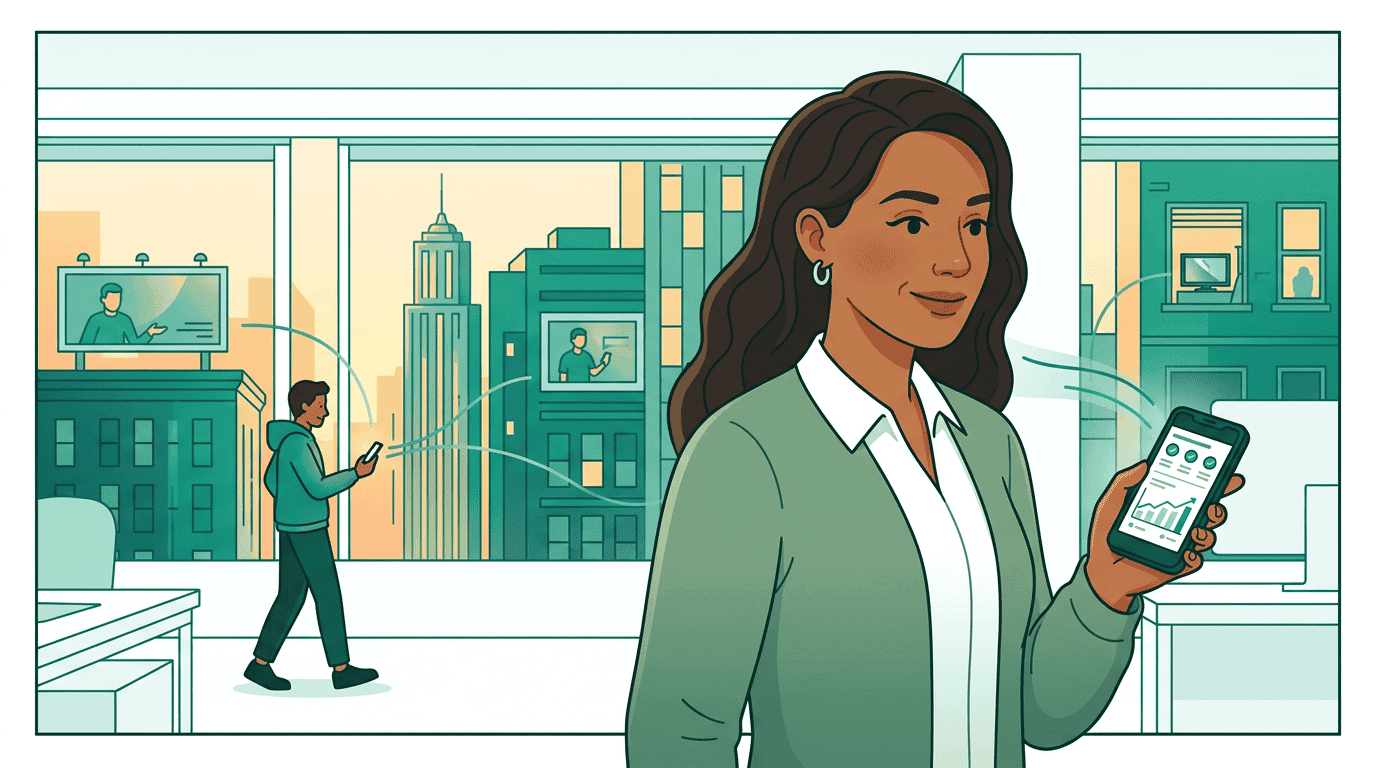 A cityscape with ads running on billboards, phone screens, and TV displays — above it all, the governance robot monitors from a watchtower, scanning the scene with a teal beam as metrics stream upward