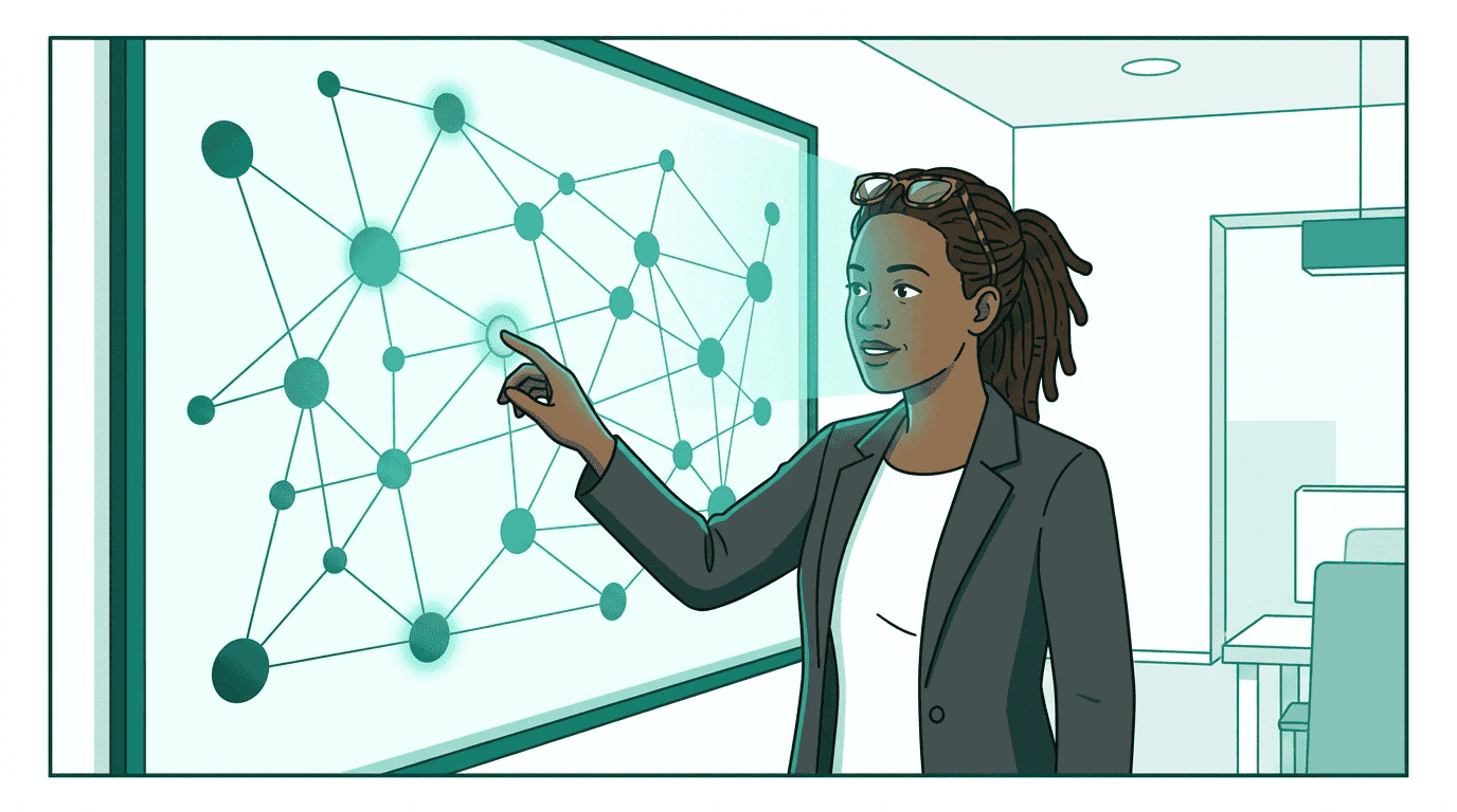 Alex reaches toward a glowing network map on a wall display, about to select a new publisher node from a constellation of connected partners