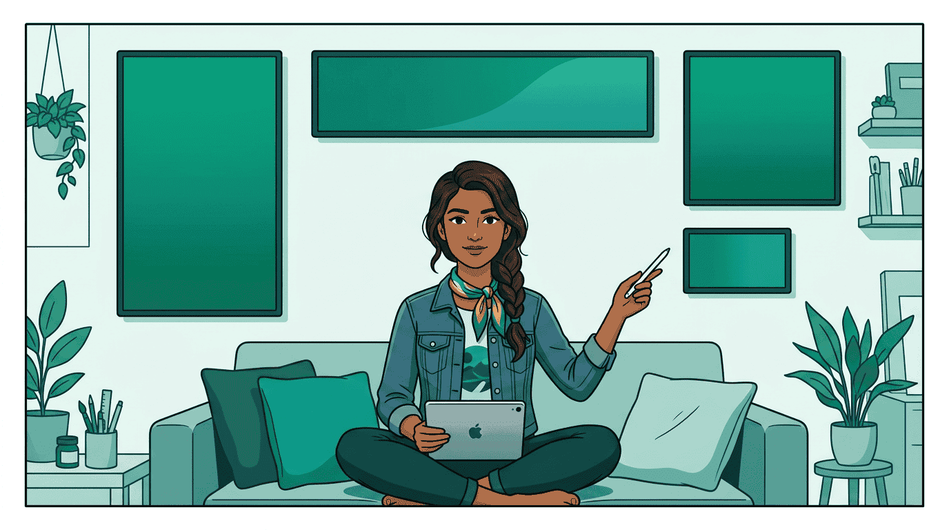 Maya sits in a creative studio with her iPad, surrounded by wall screens showing ad formats of different sizes all generated from one brief