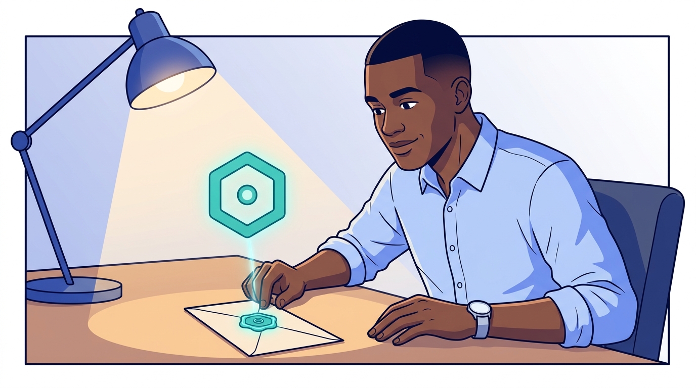Sam holds a paper response up to a lamp — a wax seal in the corner glows under the light, revealing a cryptographic pattern that matches a key card he pulls from a folder labeled adagents.json