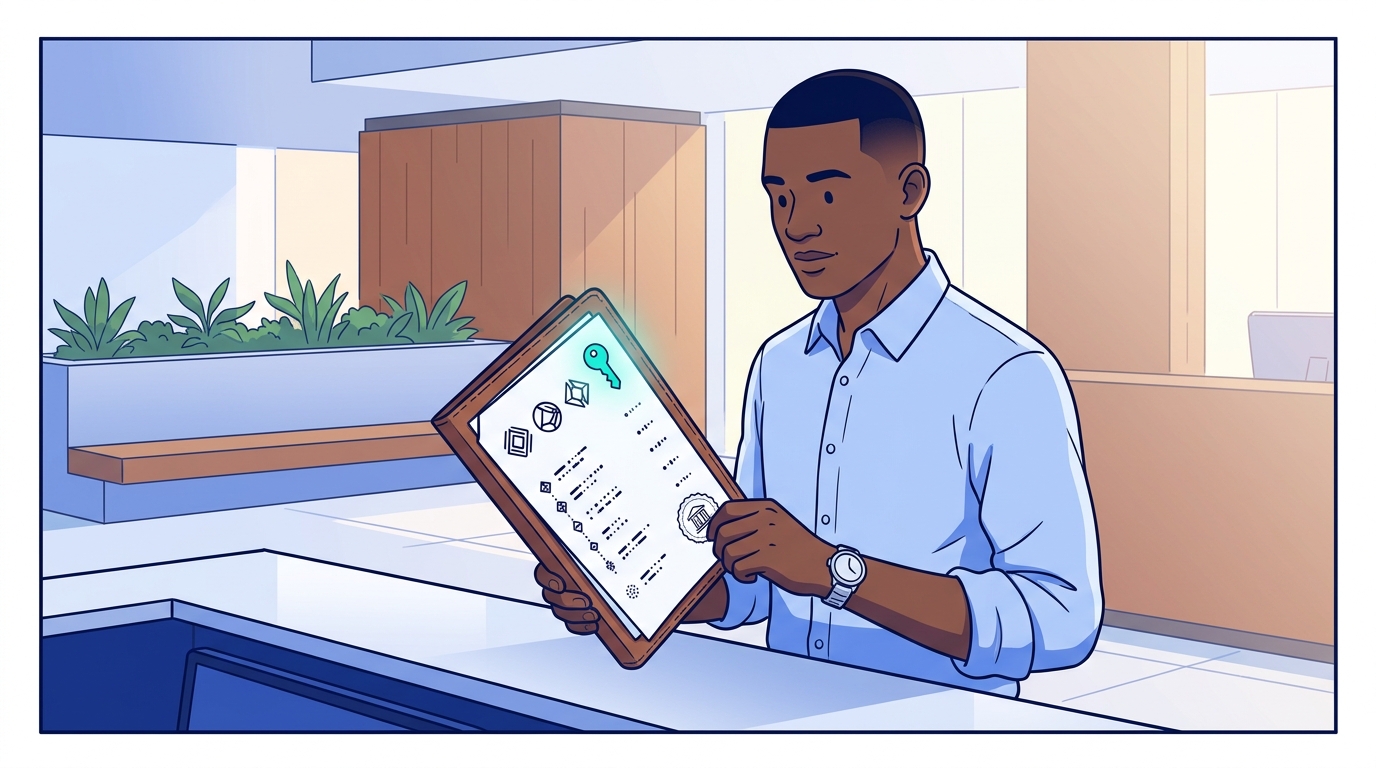 Sam opens a leather-bound folder on Northwind's reception desk — inside is a single embossed page declaring the agency's portfolio, signing keys, and authorized operators, with a glowing seal at the top