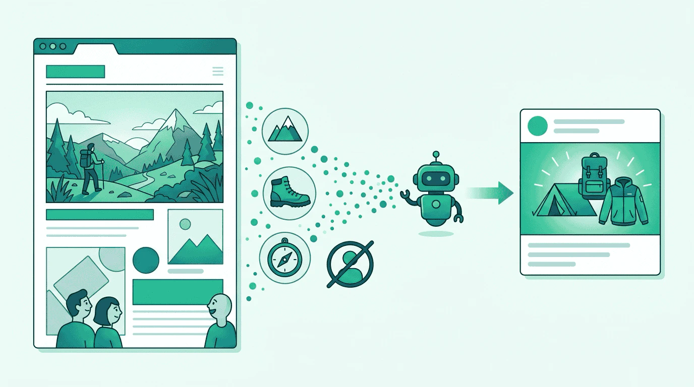 A StreamHaus article about hiking gear with content signals radiating outward — Sam's buyer agent responds with a package offer and creative manifest