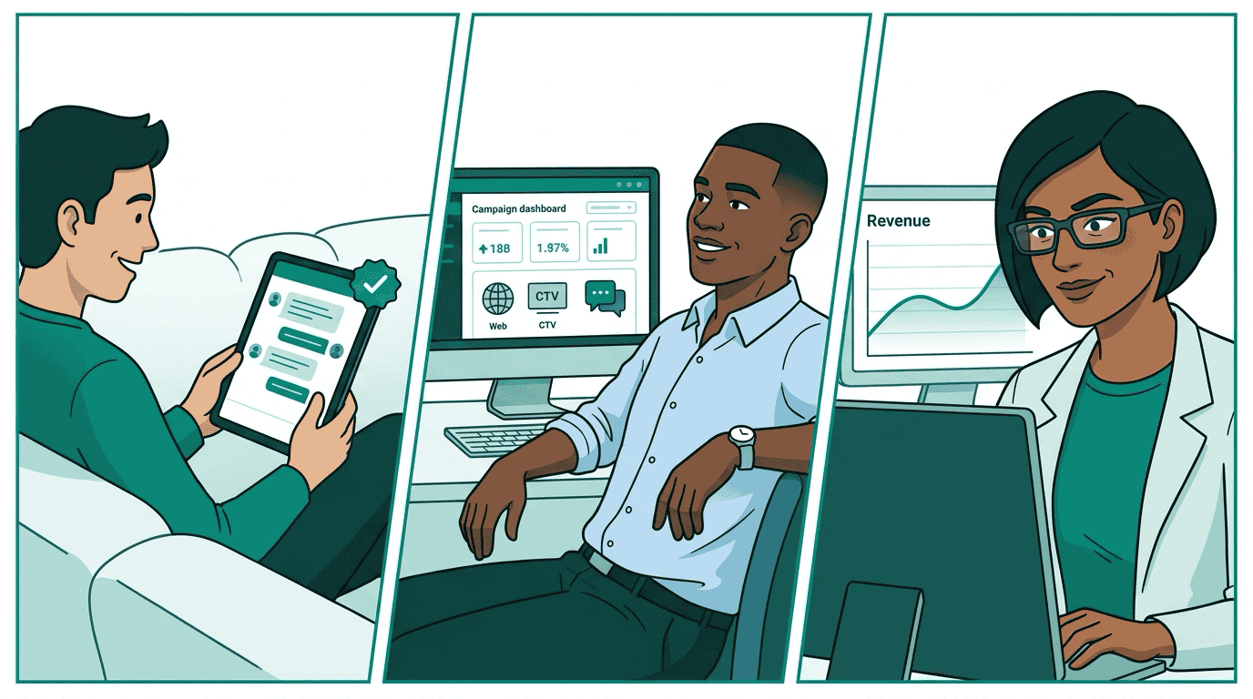 Three panels: a user receiving a relevant product recommendation in chat, Sam seeing his campaign reach a new high-intent surface, Priya seeing AI assistant revenue appear on her dashboard