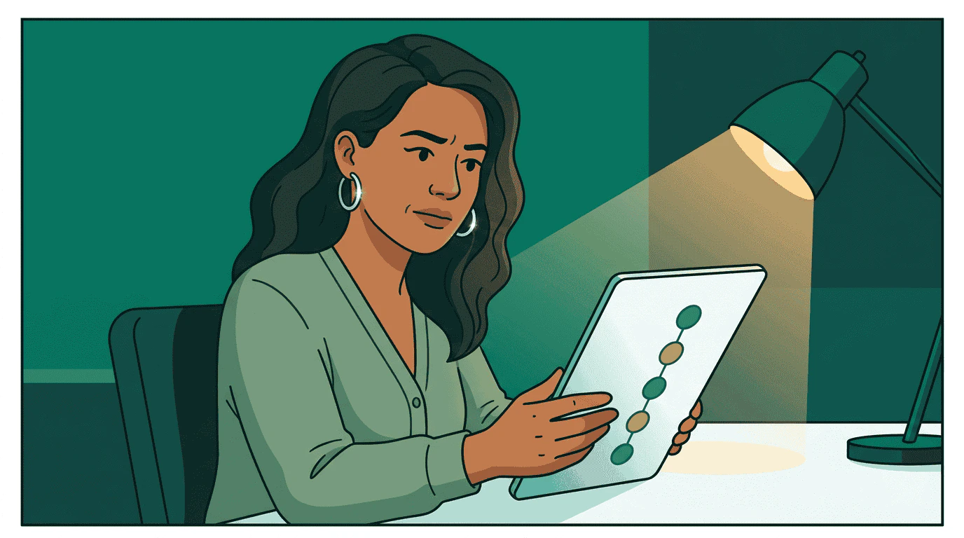 Jordan studies a governance approval chain on her tablet, silver hoop earrings catching the lamplight, her expression focused and deliberate