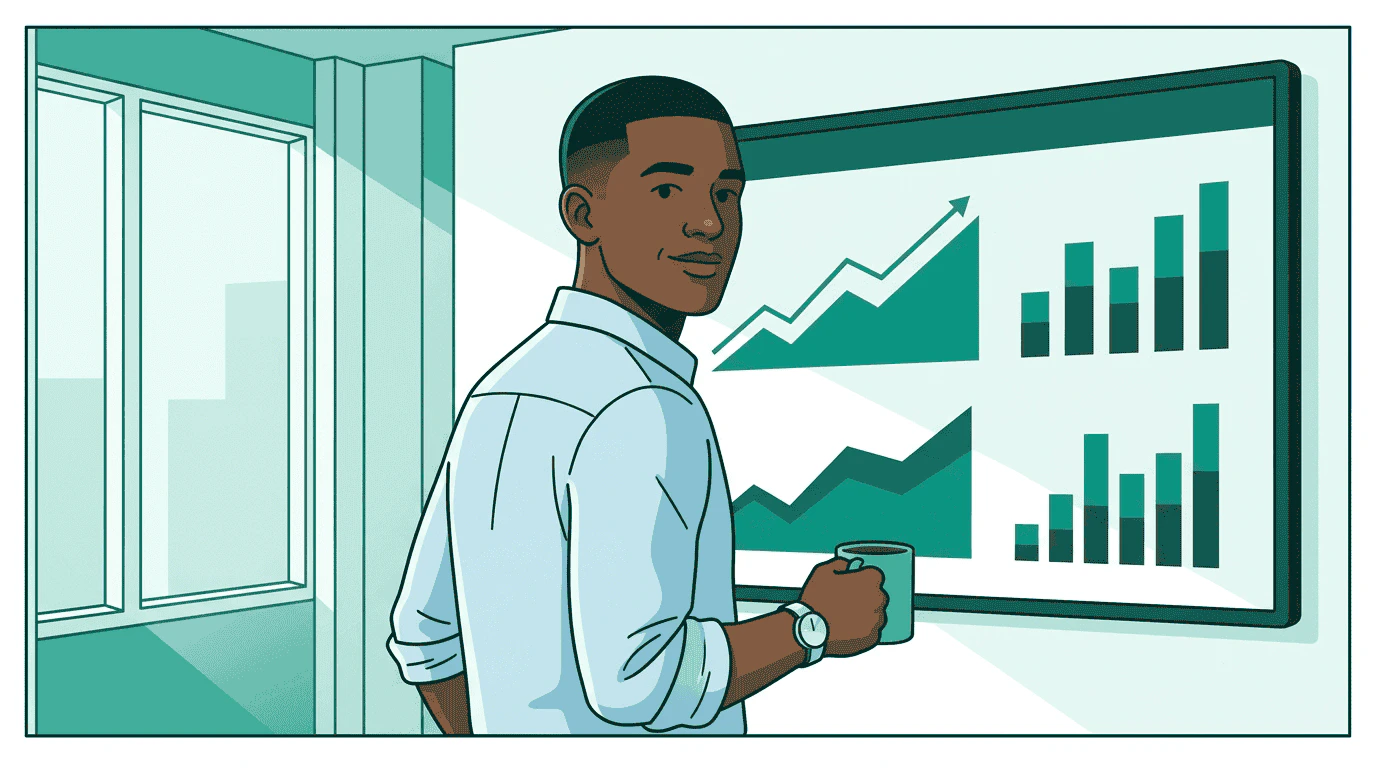 Sam stands before a large performance dashboard with trending charts, coffee in hand, turning back with a confident expression — everything is on track