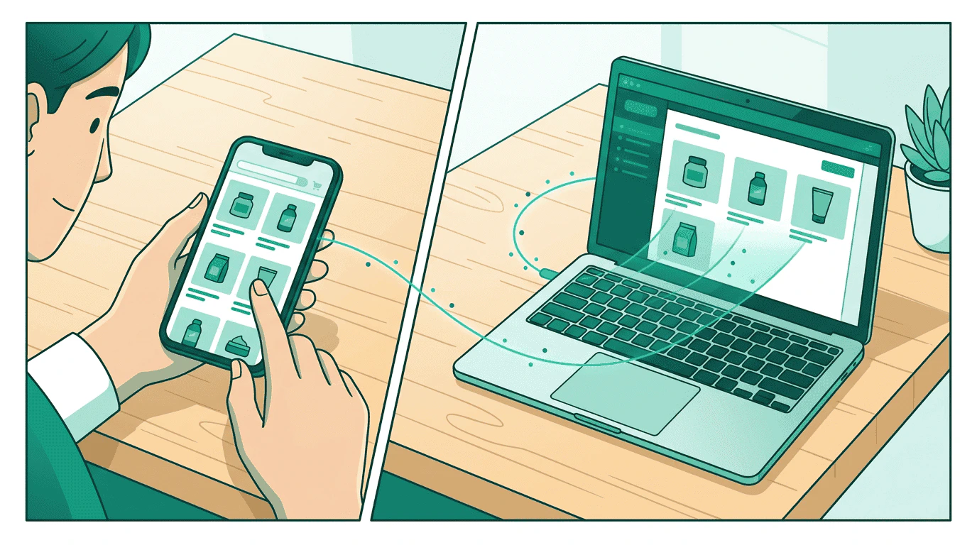 Overhead view of a phone showing a product catalog connected by a glowing teal line to a laptop campaign interface — catalog data flowing between them