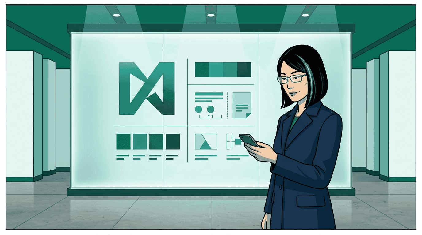 Tomoko stands in a corporate lobby before a frosted glass display of brand identity elements — composed and assured, she controls what goes out