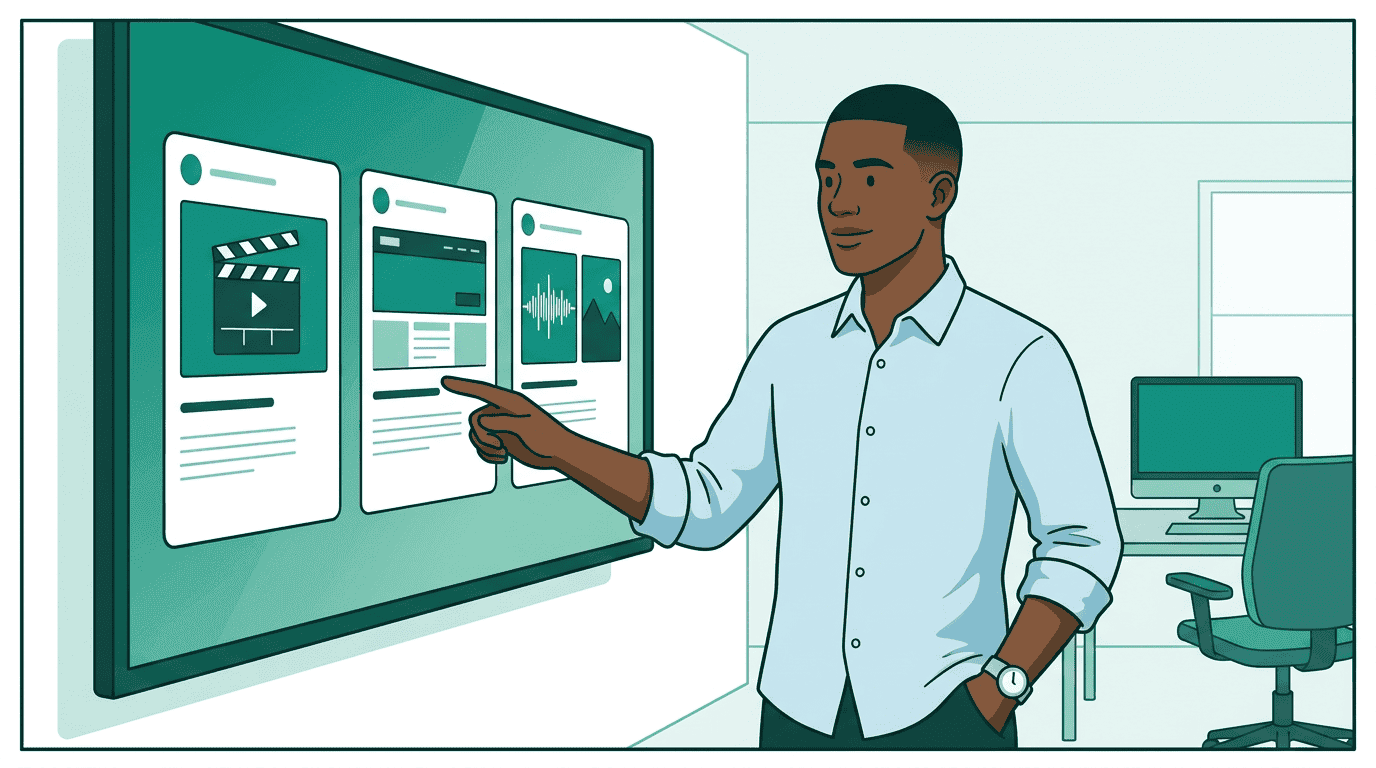 Three seller robots present their offerings — a video slate, a display banner, and a podcast waveform — while Sam reviews them side by side on a single clean screen, looking pleased