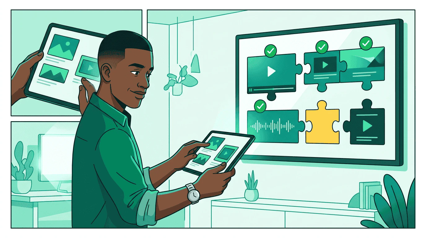 Creative format templates — a 16:9 video frame, a 300x250 banner, and an audio waveform with companion — snap together with actual ad assets like puzzle pieces, assisted by a small robot