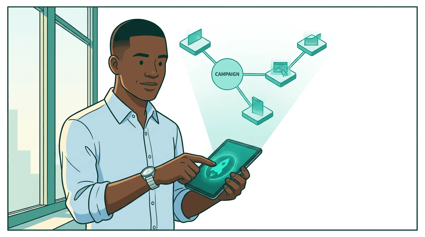 Sam presses a glowing launch button and a holographic campaign blueprint materializes above his desk, showing three branches — CTV, display, and audio — with budget amounts flowing along each branch