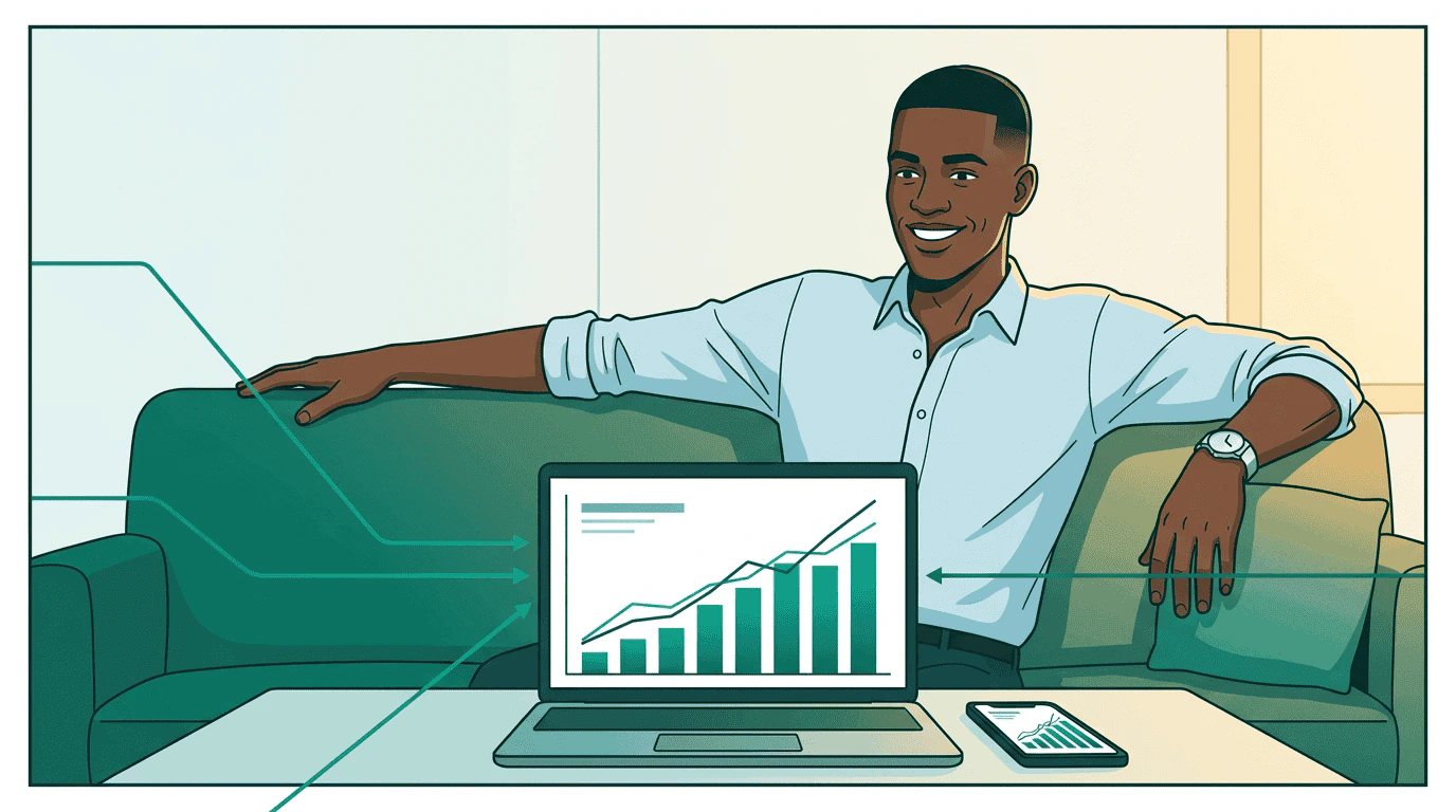 Sam leans back at his desk, relaxed, with a single clean dashboard showing unified performance charts from all three sellers — bar charts rising, line graphs converging, all in teal