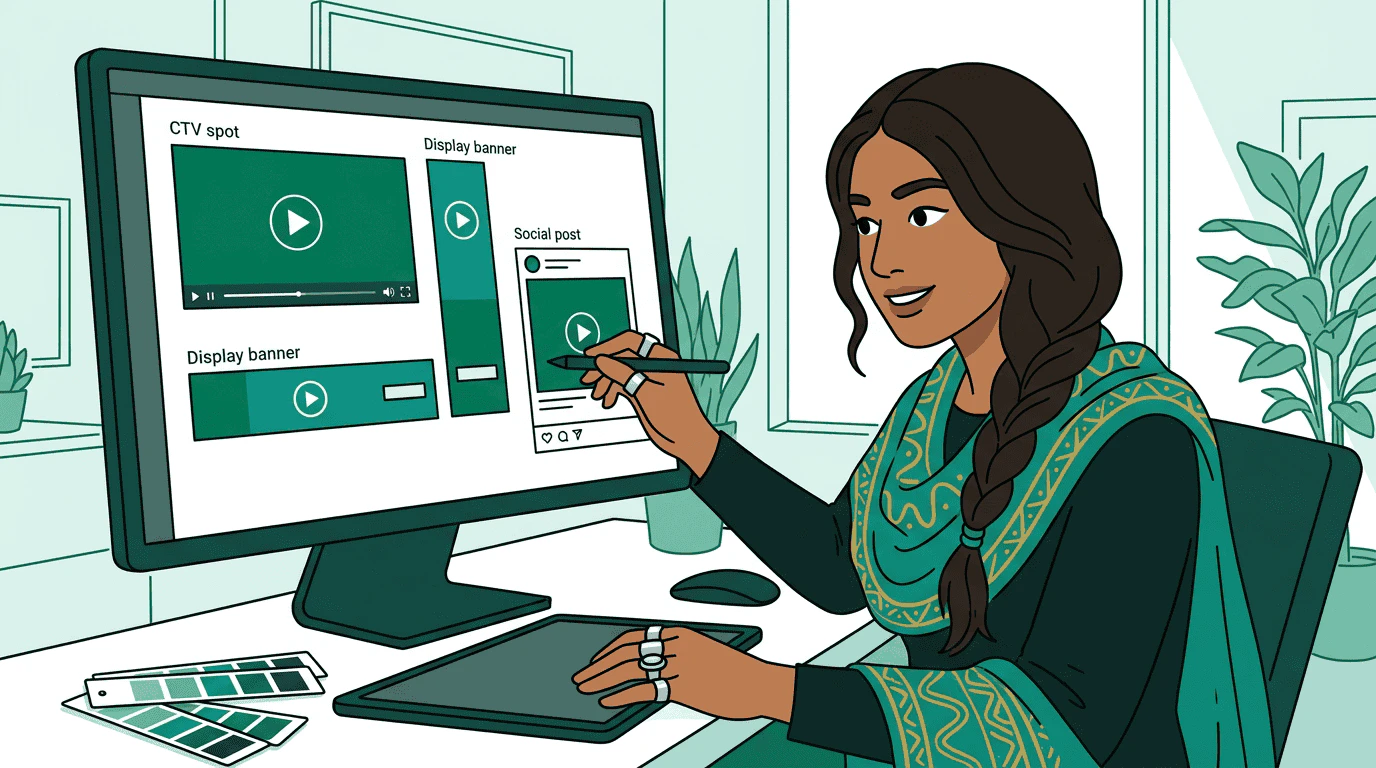 A creative strategist reviews ad mockups across multiple formats on her monitor