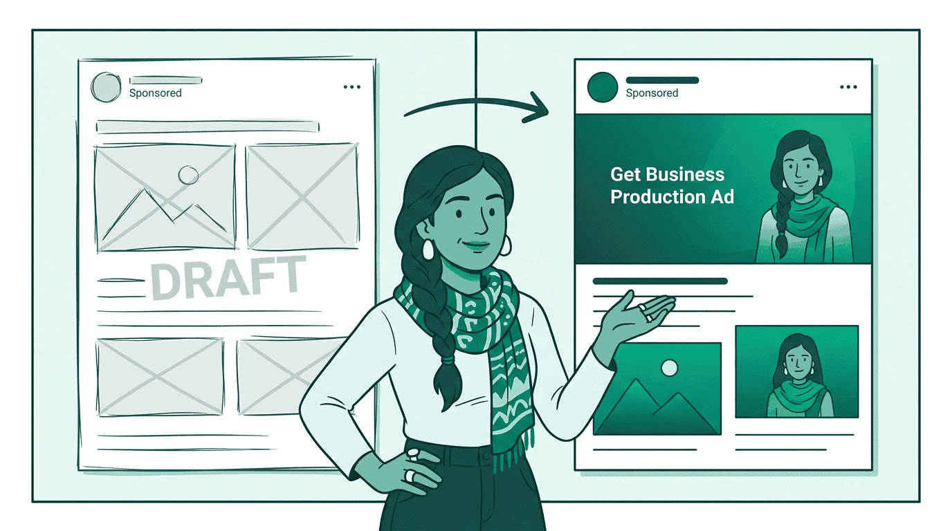 Split screen showing a rough draft mockup transforming into a polished production creative