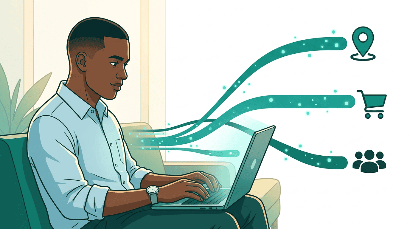 Sam types a search on his laptop as three data streams flow outward to location, retail, and audience data provider icons — one query, three sources