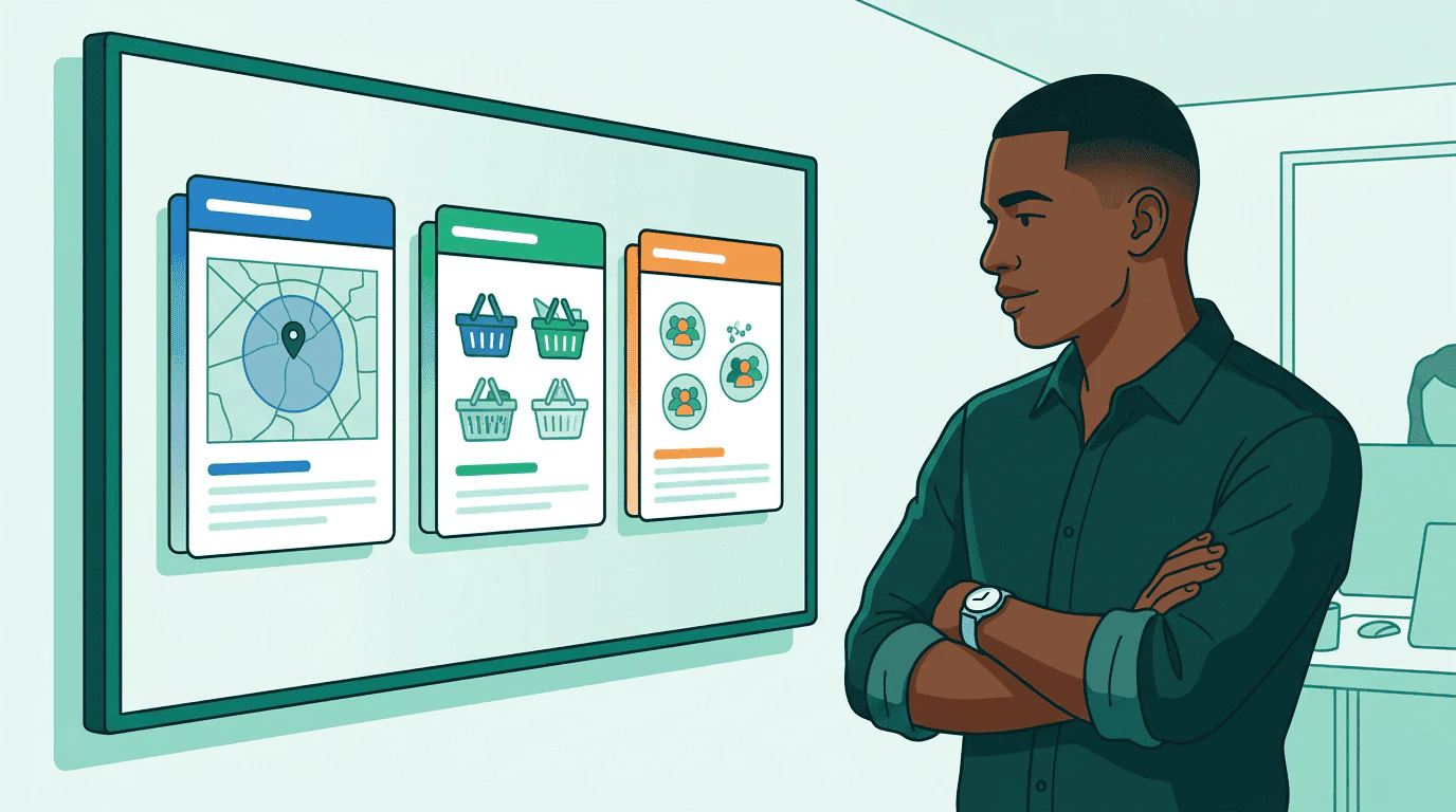 Sam reviews signal results on a wall screen, arms crossed — three groups of data cards with different colored accents showing location, retail, and audience data