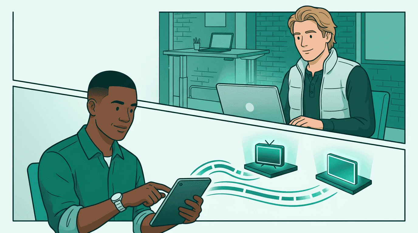 Split scene — Sam activates signal segments from his tablet below, data streams flow up to platforms, while Kai monitors activation metrics on his laptop above