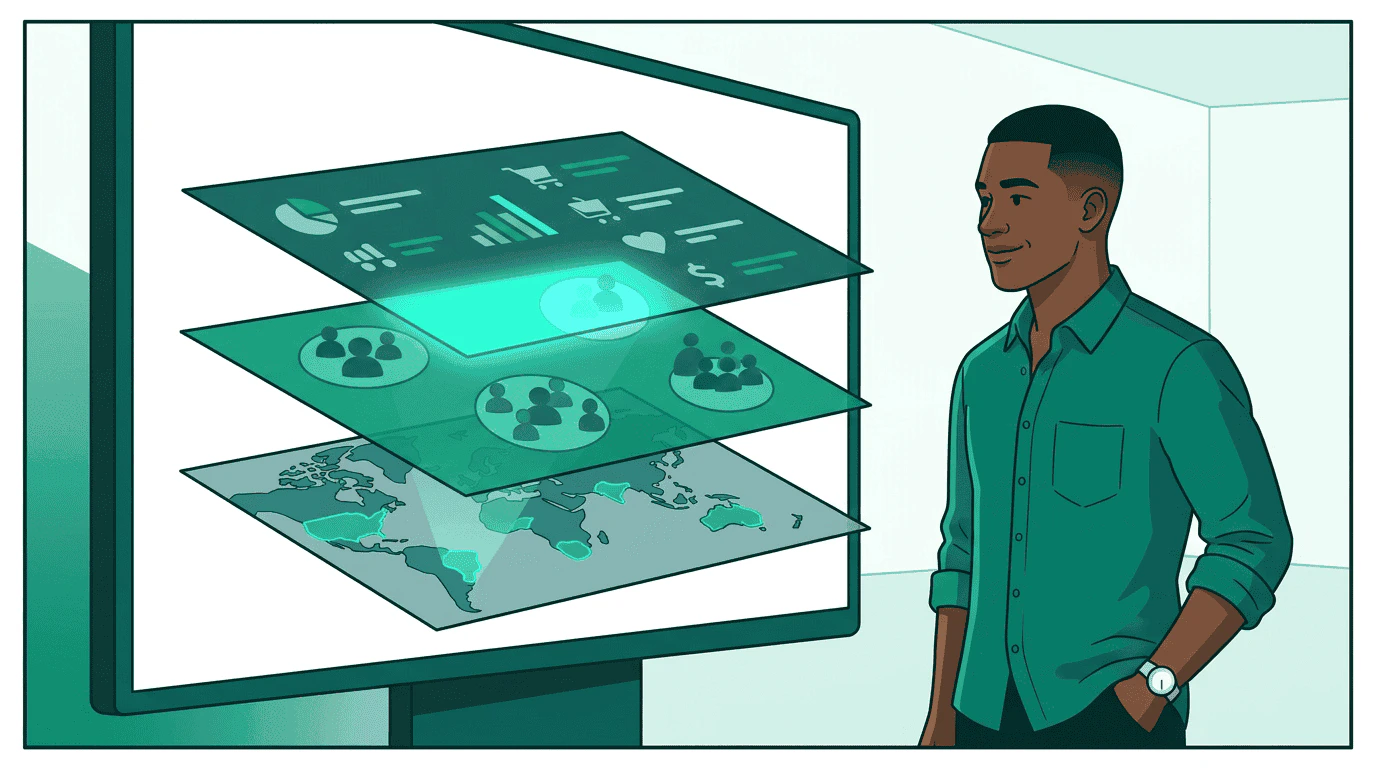 Sam views three targeting layers stacking on a large screen — location, audience, and purchase data overlap and glow where they intersect