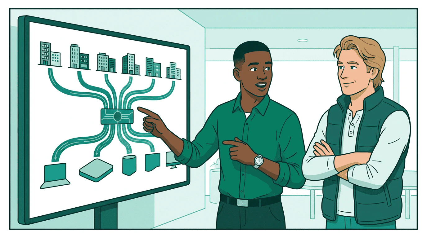 Sam and Kai stand together in front of a large display showing the signals marketplace — data providers flowing through a hub to buyers, collaborating across the ecosystem