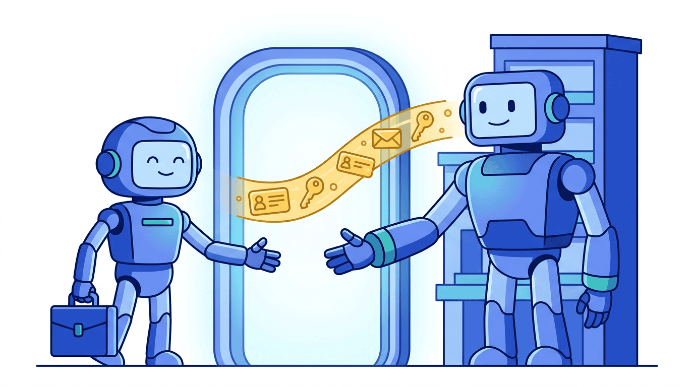 Priya's buyer agent robot shakes hands with the NovaMind platform robot in front of a glowing portal, establishing a connection while account credentials flow between them